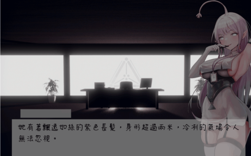 办公室内出现白发角色与对话框的剧情画面